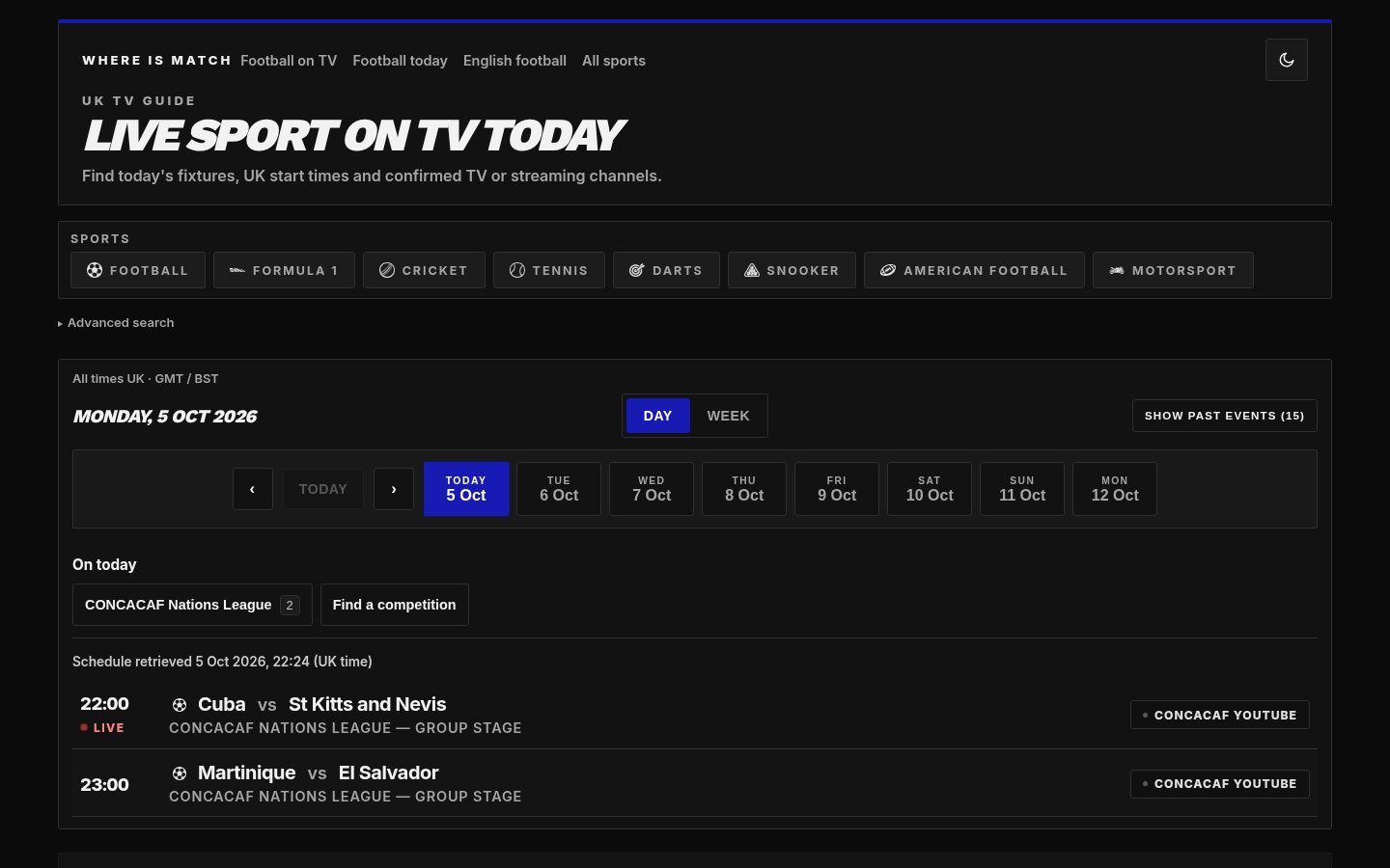 Whereismatch's UK sports TV guide with fixture and broadcaster listings